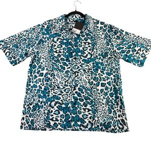 THE Kooples Blue Leopard Print Short Sleeve Button Up Shirt Size Small NEW‎
